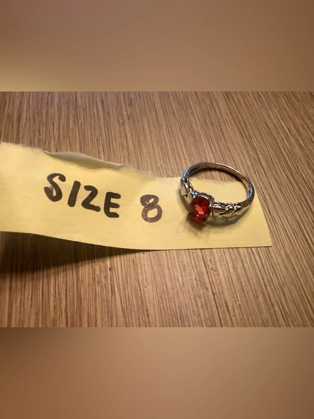 Size 8 Silver Tone Band Ring with Oval Red Stone Prong Setting 1 Gemstone